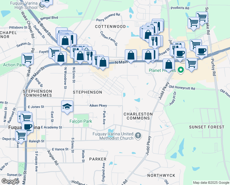 map of restaurants, bars, coffee shops, grocery stores, and more near 226 Ribbon Rail Street in Fuquay-Varina