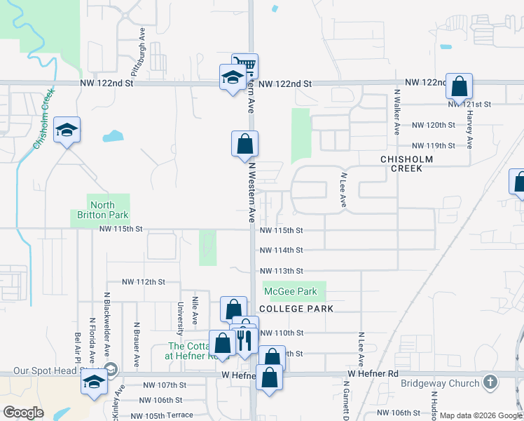 map of restaurants, bars, coffee shops, grocery stores, and more near 925 Northwest 116th Court in Oklahoma City