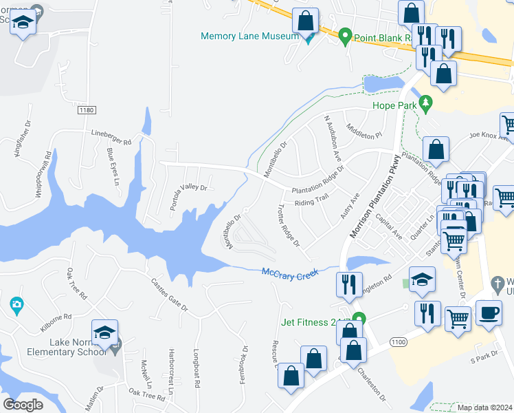 map of restaurants, bars, coffee shops, grocery stores, and more near 293 Montibello Drive in Mooresville