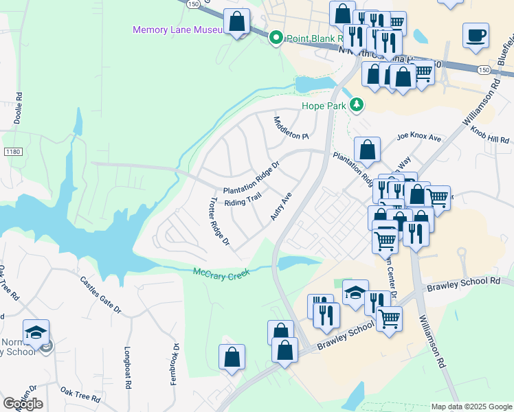 map of restaurants, bars, coffee shops, grocery stores, and more near 107 Charing Place in Mooresville