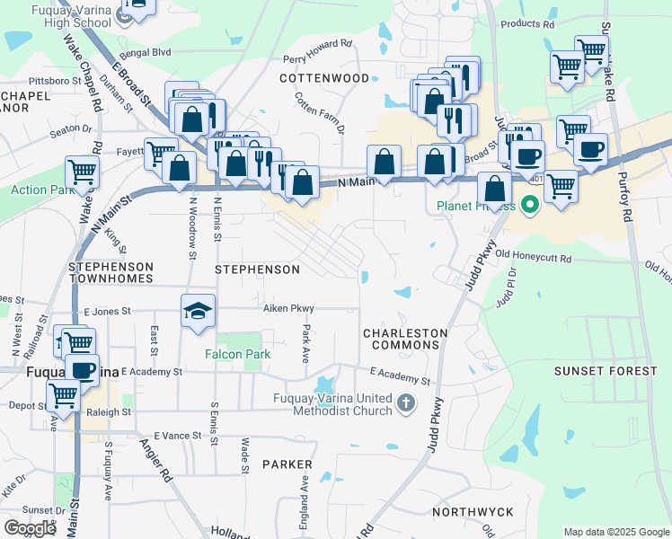 map of restaurants, bars, coffee shops, grocery stores, and more near 910 North Main Street in Fuquay-Varina