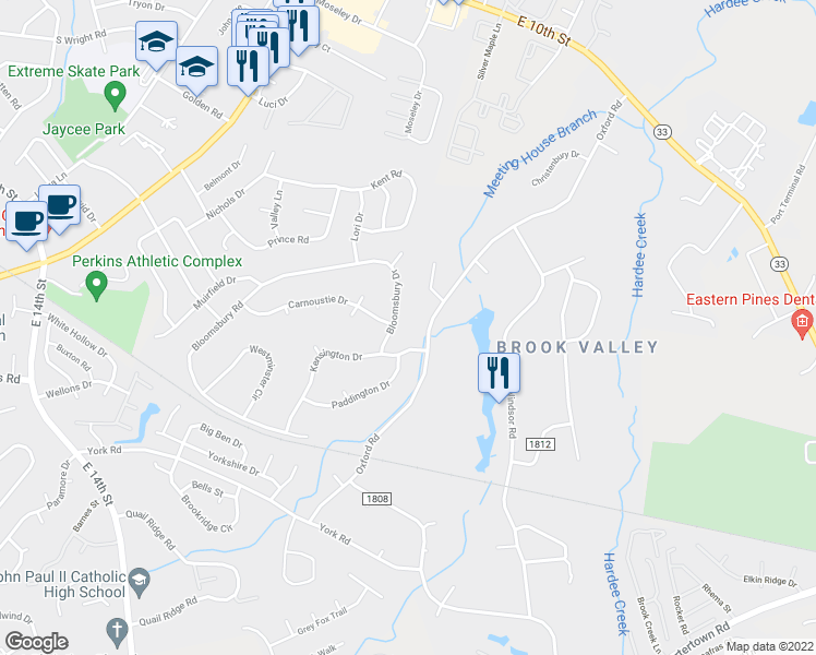 map of restaurants, bars, coffee shops, grocery stores, and more near 2201 Bloomsbury Road in Greenville