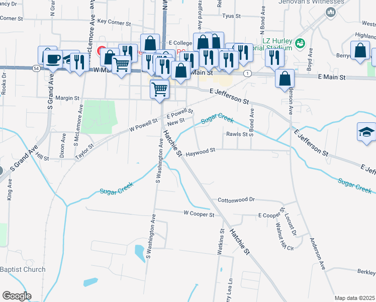 map of restaurants, bars, coffee shops, grocery stores, and more near 424 Hatchie Street in Brownsville