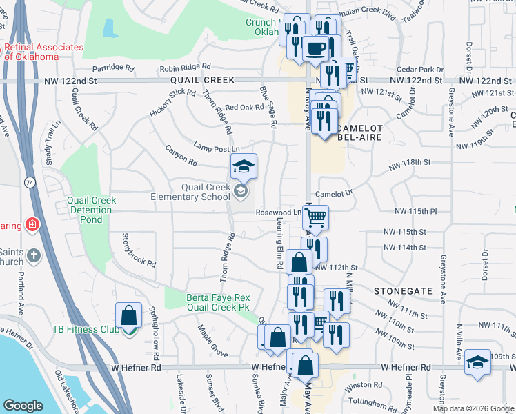 map of restaurants, bars, coffee shops, grocery stores, and more near 11701 Blue Sage Road in Oklahoma City