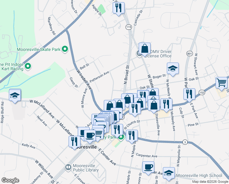 map of restaurants, bars, coffee shops, grocery stores, and more near 387 North Academy Street in Mooresville