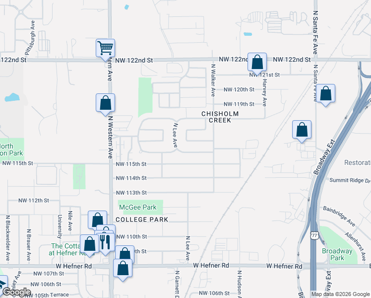 map of restaurants, bars, coffee shops, grocery stores, and more near 11712 North Lee Avenue in Oklahoma City