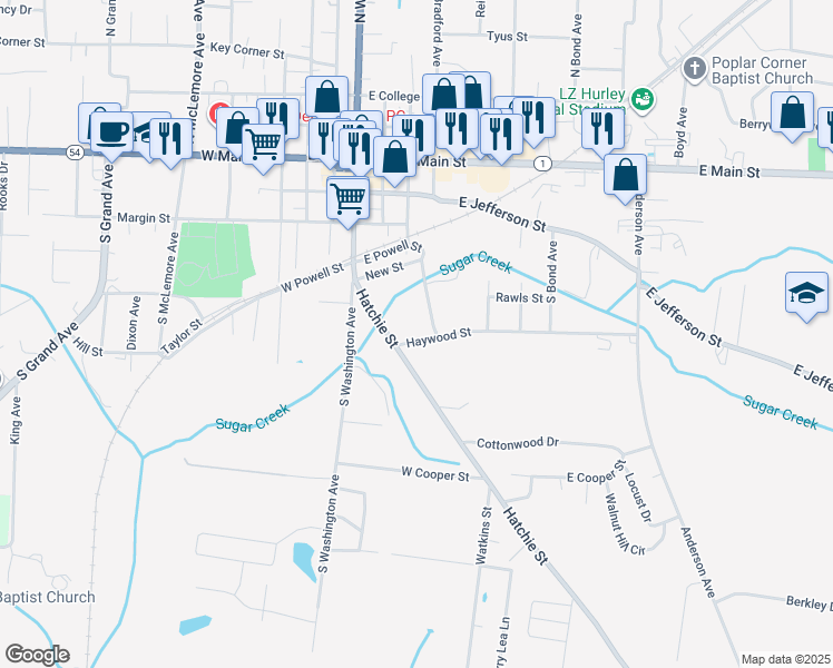 map of restaurants, bars, coffee shops, grocery stores, and more near 424 Hatchie Street in Brownsville