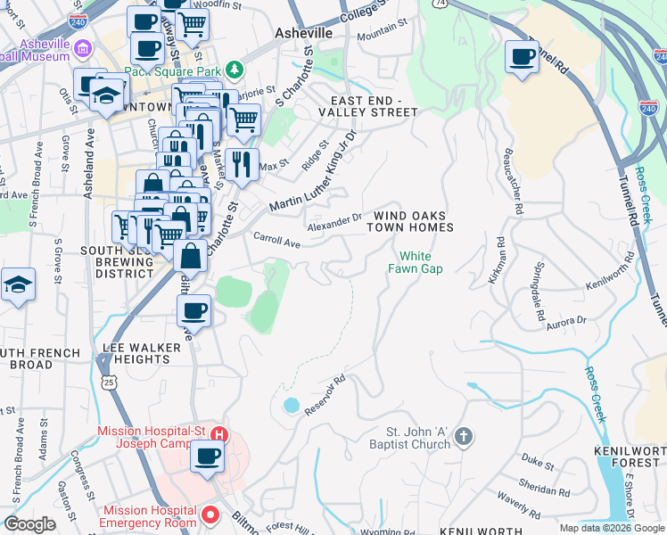 map of restaurants, bars, coffee shops, grocery stores, and more near 147 Carroll Avenue in Asheville