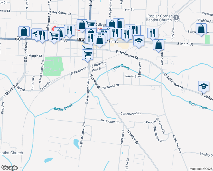 map of restaurants, bars, coffee shops, grocery stores, and more near 102 East Powell Street in Brownsville