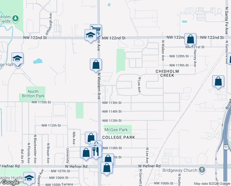 map of restaurants, bars, coffee shops, grocery stores, and more near 829 Northwest 116th Terrace in Oklahoma City