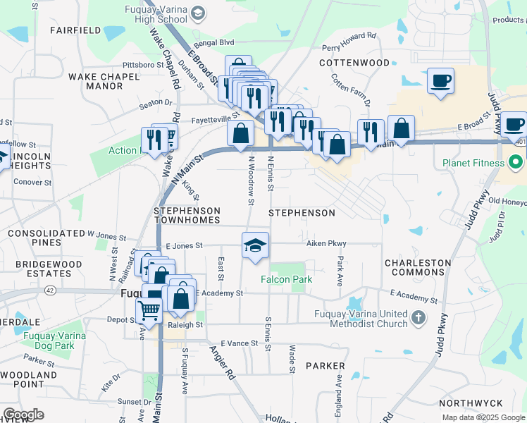 map of restaurants, bars, coffee shops, grocery stores, and more near 307 North Ennis Street in Fuquay-Varina