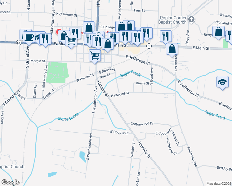 map of restaurants, bars, coffee shops, grocery stores, and more near 102 East Powell Street in Brownsville