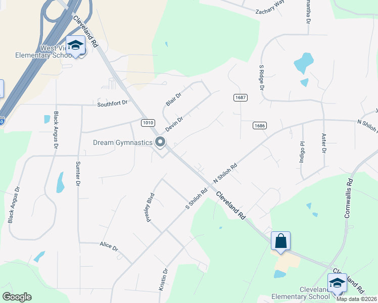 map of restaurants, bars, coffee shops, grocery stores, and more near 1805 Lancaster Drive in Garner