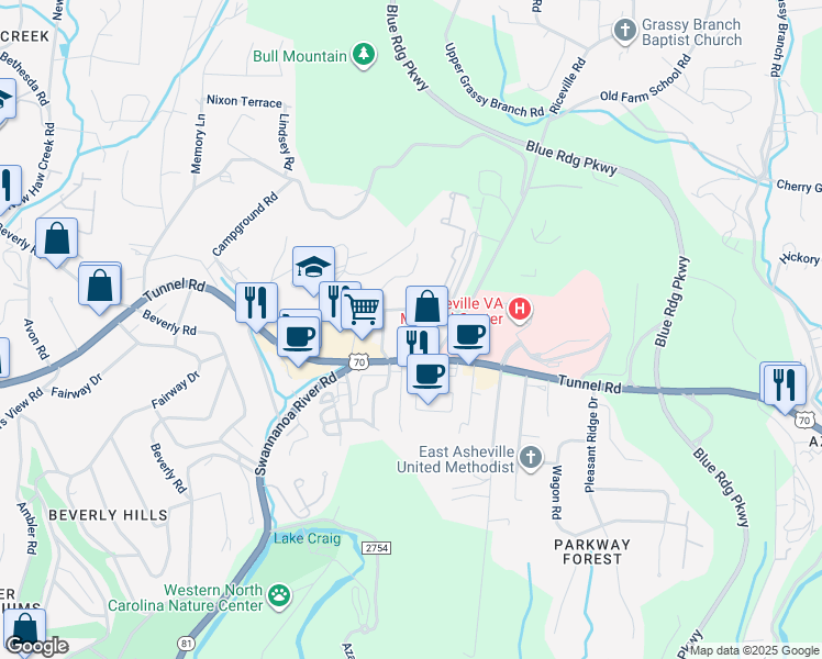 map of restaurants, bars, coffee shops, grocery stores, and more near 70 Craig Circle in Asheville