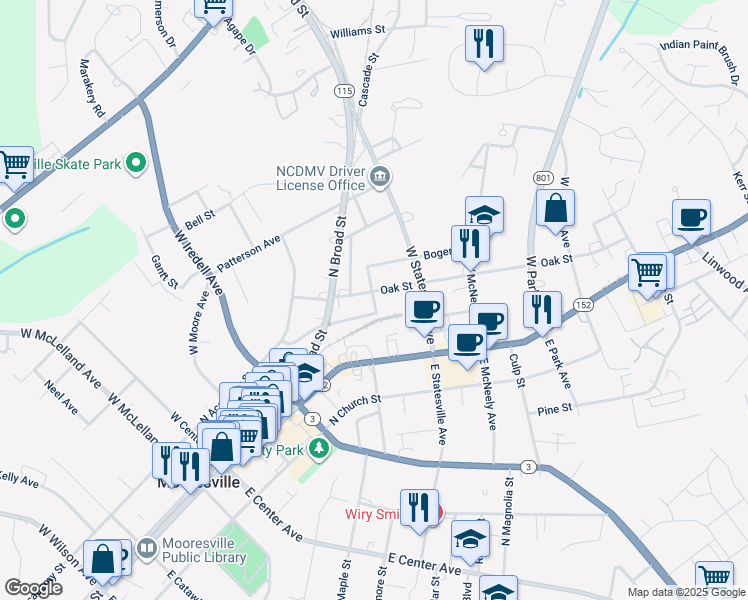 map of restaurants, bars, coffee shops, grocery stores, and more near 504 Oak Street in Mooresville
