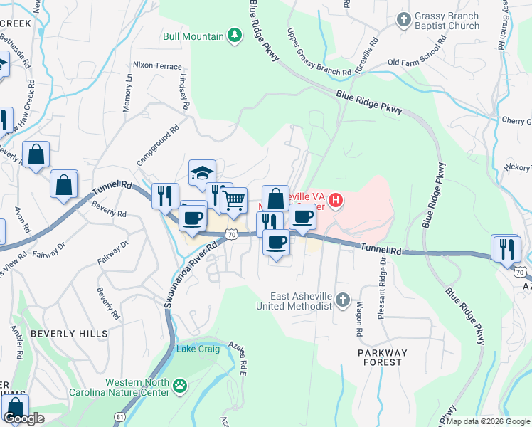 map of restaurants, bars, coffee shops, grocery stores, and more near 57 Craig Circle in Asheville
