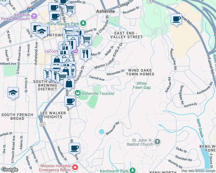 map of restaurants, bars, coffee shops, grocery stores, and more near 147 Carroll Avenue in Asheville