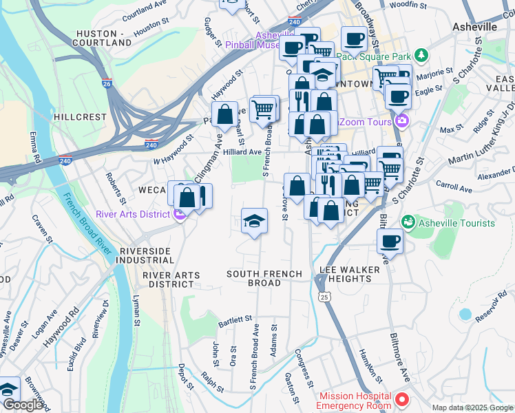 map of restaurants, bars, coffee shops, grocery stores, and more near 165 South French Broad Avenue in Asheville