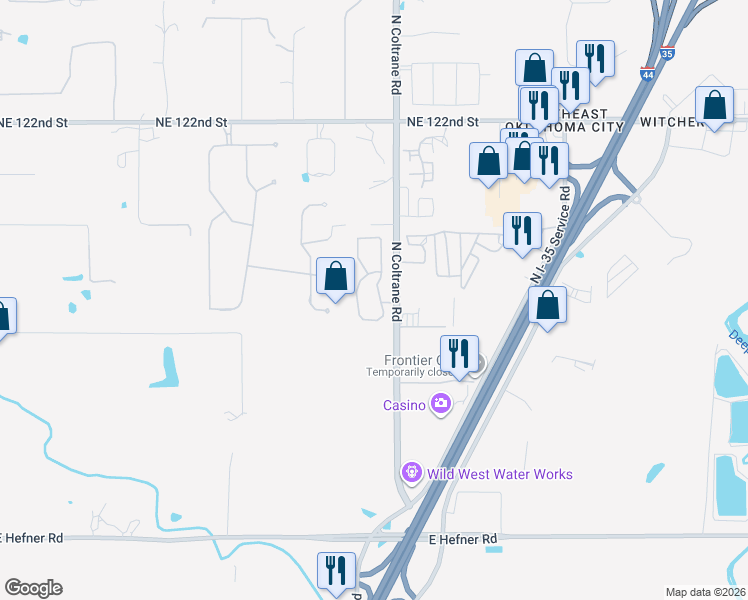 map of restaurants, bars, coffee shops, grocery stores, and more near 11812 Kaite Cove in Oklahoma City
