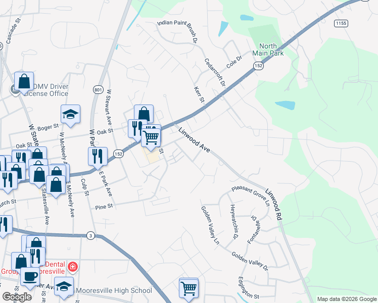map of restaurants, bars, coffee shops, grocery stores, and more near 128 Linwood Road in Mooresville