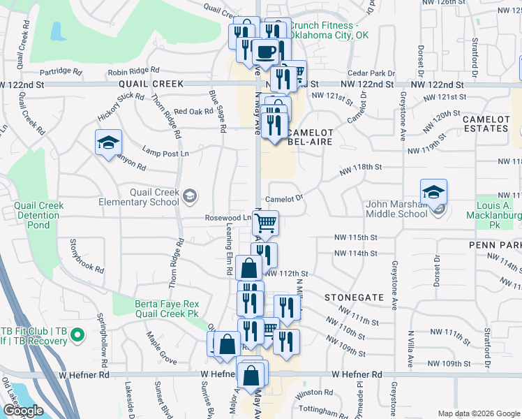 map of restaurants, bars, coffee shops, grocery stores, and more near 11550 North May Avenue in Oklahoma City