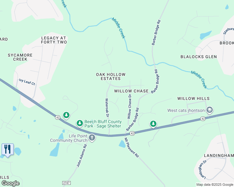 map of restaurants, bars, coffee shops, grocery stores, and more near 6600 Rose Bay Court in Wake County