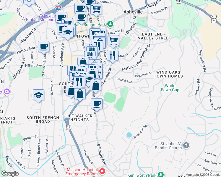 map of restaurants, bars, coffee shops, grocery stores, and more near 99999 Edgehill Avenue in Asheville