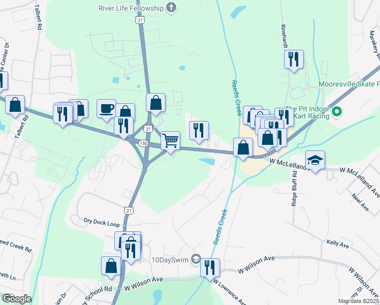 map of restaurants, bars, coffee shops, grocery stores, and more near 152 North Carolina 150 in Mooresville