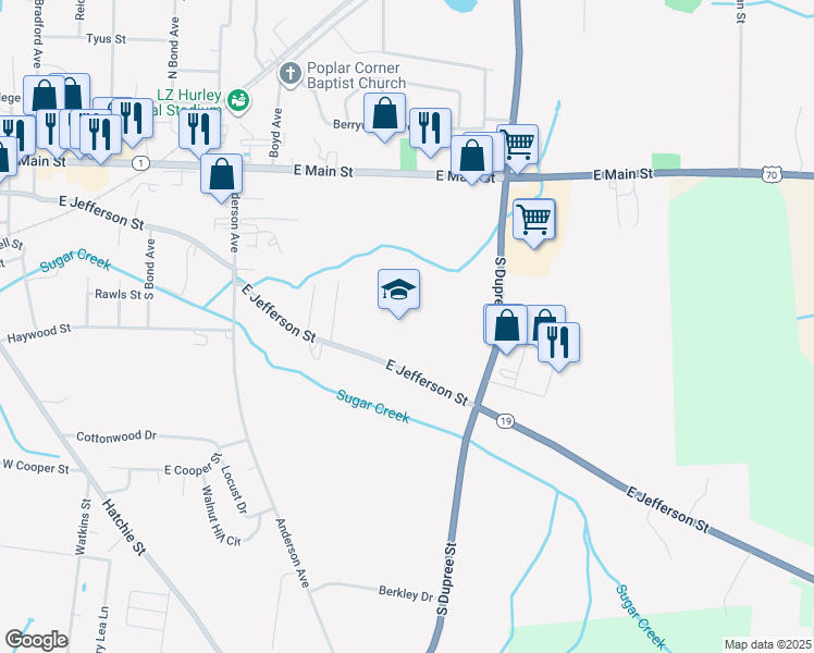 map of restaurants, bars, coffee shops, grocery stores, and more near 1315 East Jefferson Street in Brownsville