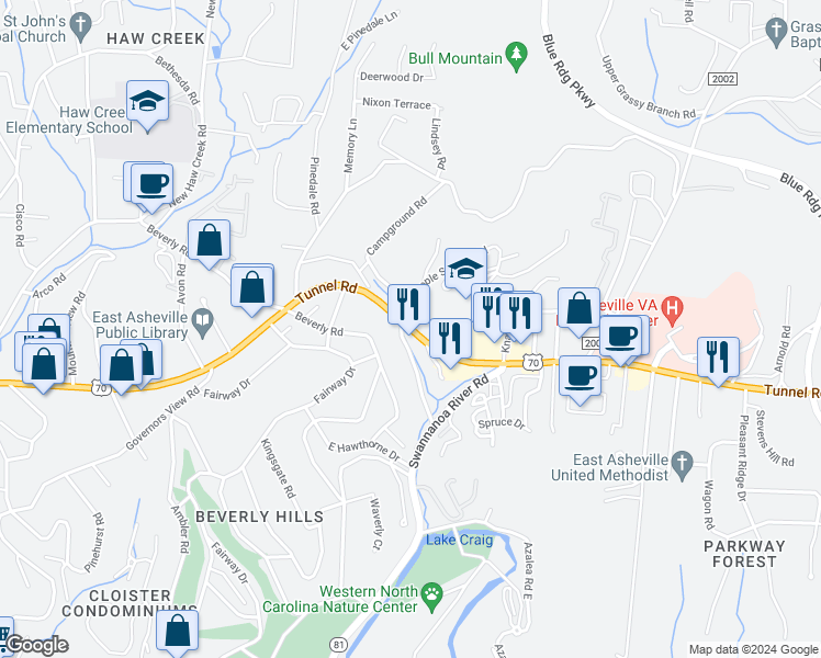 map of restaurants, bars, coffee shops, grocery stores, and more near 1010 Tunnel Road in Asheville