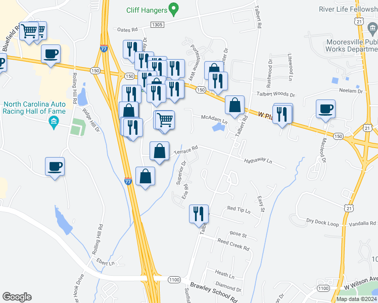 map of restaurants, bars, coffee shops, grocery stores, and more near 104 Cobblestone Lane in Mooresville
