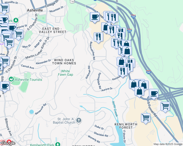 map of restaurants, bars, coffee shops, grocery stores, and more near 31 Aurora Drive in Asheville