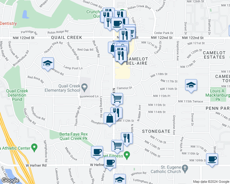 map of restaurants, bars, coffee shops, grocery stores, and more near 2901 Chestnut Ridge Court in Oklahoma City