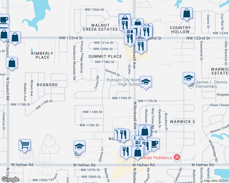 map of restaurants, bars, coffee shops, grocery stores, and more near 7206 Northwest 117th Terrace in Oklahoma City