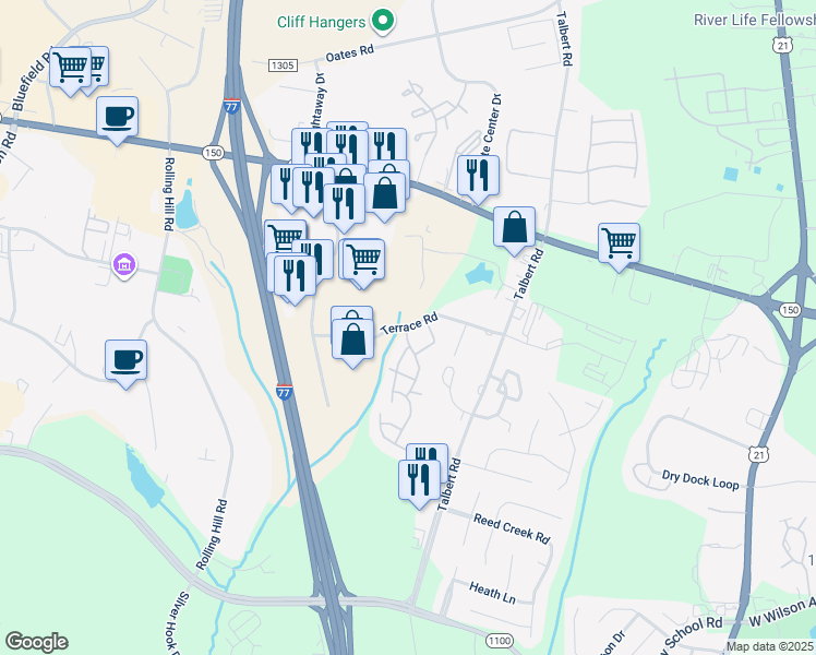 map of restaurants, bars, coffee shops, grocery stores, and more near Terrace Road in Mooresville