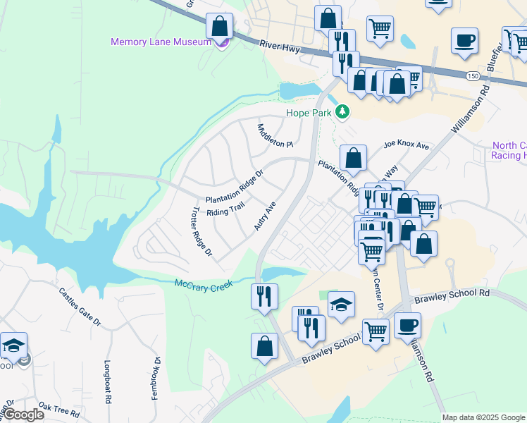 map of restaurants, bars, coffee shops, grocery stores, and more near 148 Autry Avenue in Mooresville