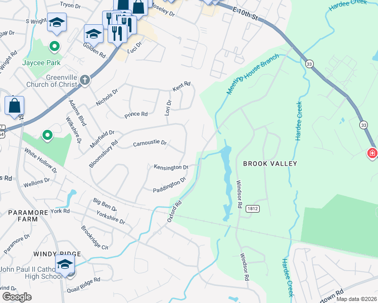 map of restaurants, bars, coffee shops, grocery stores, and more near 2201 Bloomsbury Road in Greenville