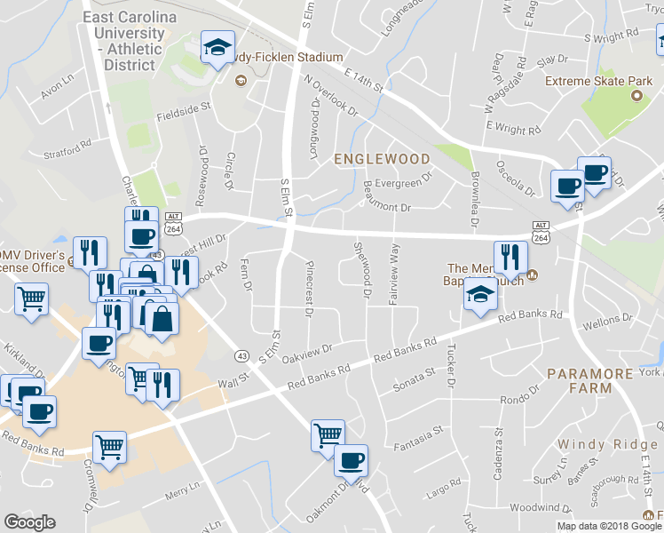 map of restaurants, bars, coffee shops, grocery stores, and more near 1708 Knollwood Drive in Greenville