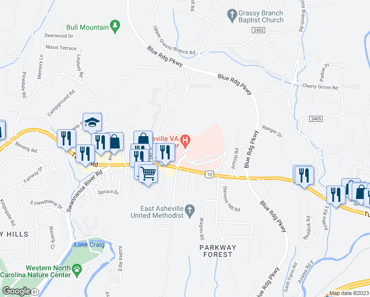 map of restaurants, bars, coffee shops, grocery stores, and more near 1100 Tunnel Road in Asheville