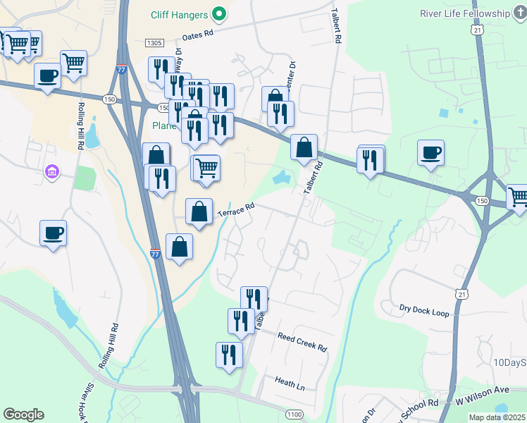 map of restaurants, bars, coffee shops, grocery stores, and more near Terrace Road in Mooresville