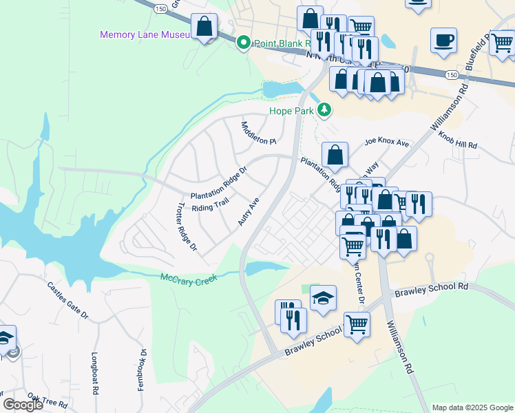 map of restaurants, bars, coffee shops, grocery stores, and more near 143 Autry Avenue in Mooresville
