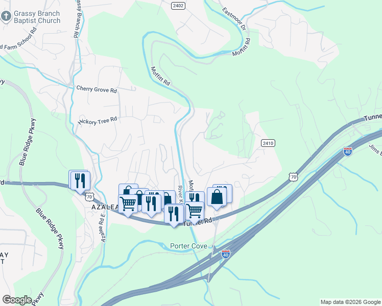 map of restaurants, bars, coffee shops, grocery stores, and more near 99999 Upper Moffitt Road in Asheville