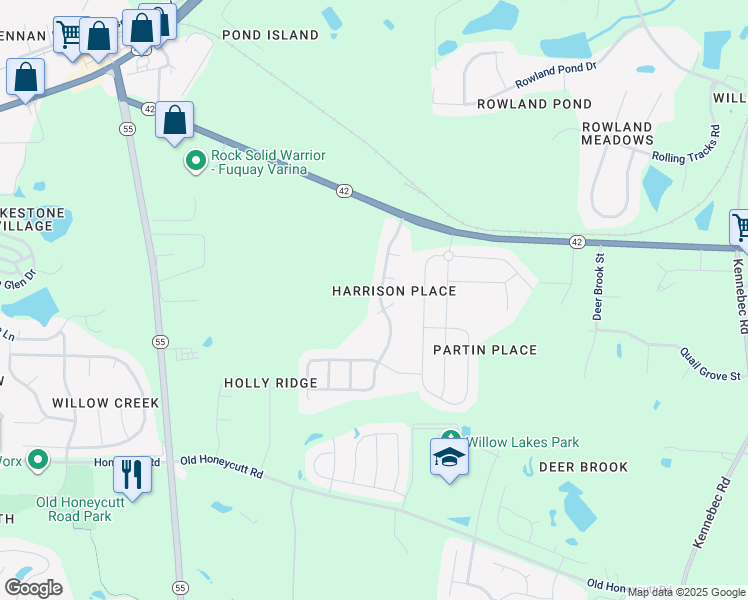 map of restaurants, bars, coffee shops, grocery stores, and more near 305 North Harrison Place Lane in Fuquay Varina