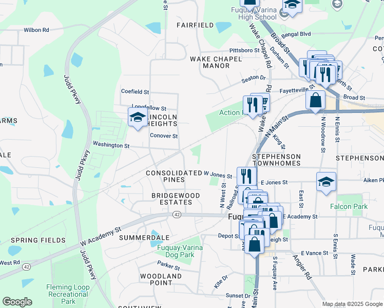 map of restaurants, bars, coffee shops, grocery stores, and more near 350 West Jones Street in Fuquay-Varina