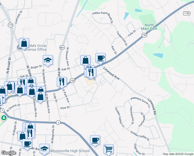 map of restaurants, bars, coffee shops, grocery stores, and more near 1201 Pine Street in Mooresville