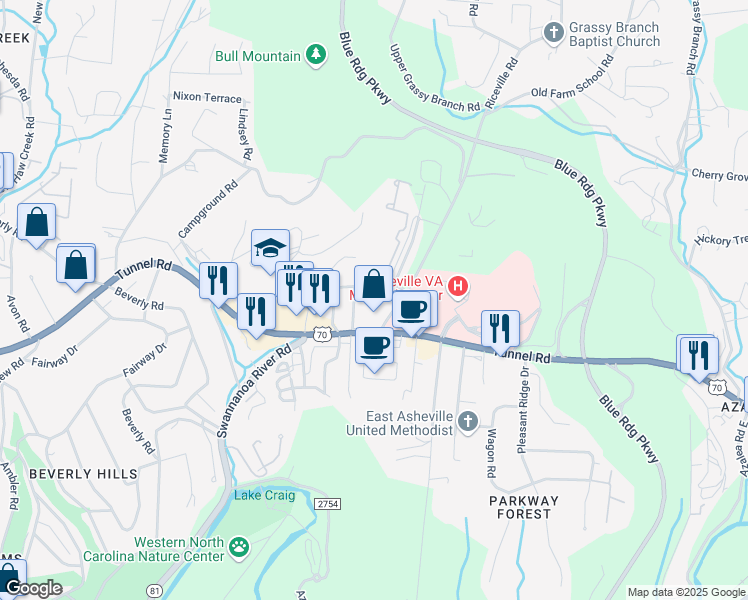 map of restaurants, bars, coffee shops, grocery stores, and more near 104 La Mancha Drive in Asheville