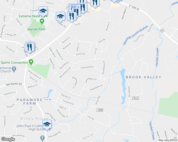 map of restaurants, bars, coffee shops, grocery stores, and more near 1703 Brompton Court in Greenville