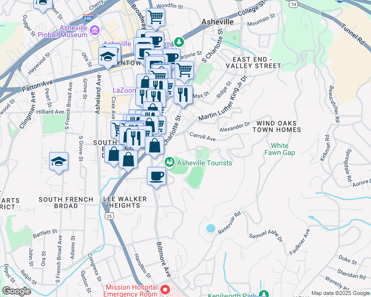 map of restaurants, bars, coffee shops, grocery stores, and more near 34 Edgehill Avenue in Asheville