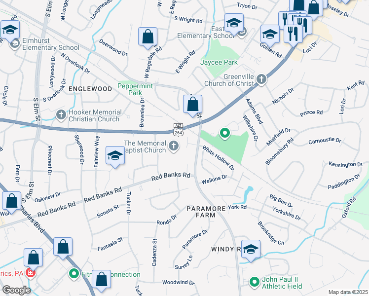 map of restaurants, bars, coffee shops, grocery stores, and more near 103 Thistle Down Court in Greenville