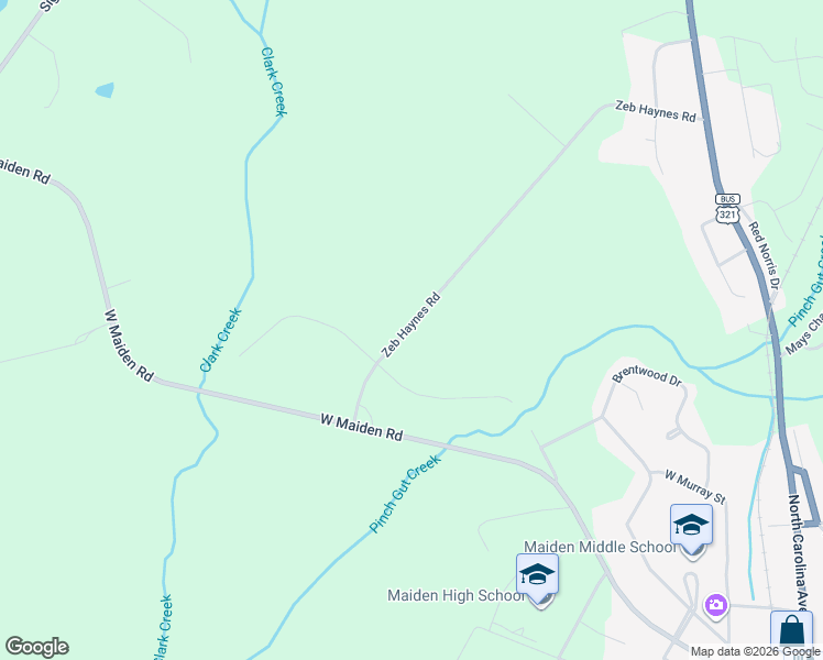 map of restaurants, bars, coffee shops, grocery stores, and more near 1360 Zeb Haynes Road in Maiden